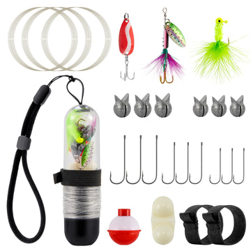 25pcs Pocket Reel Survival Fishing Kit Line Jig Head Hook Spoon Spinner Bait Hiking Camping Fishing Tool Bass Crappies Trout